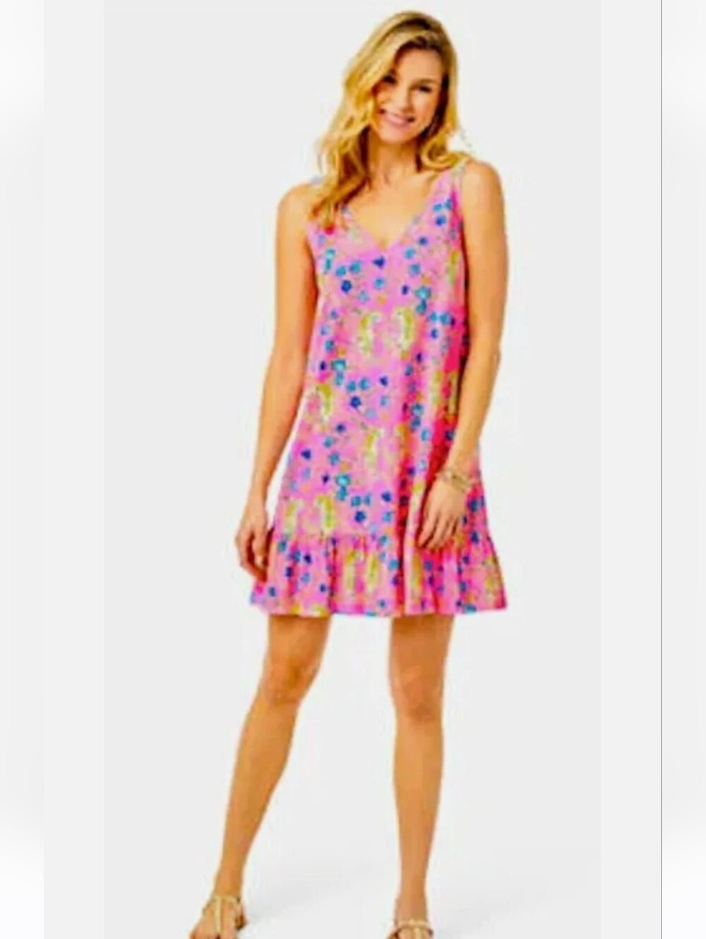 Lilly Pulitzer Pink Floral V-Neck Ruffle Hem Mini Dress